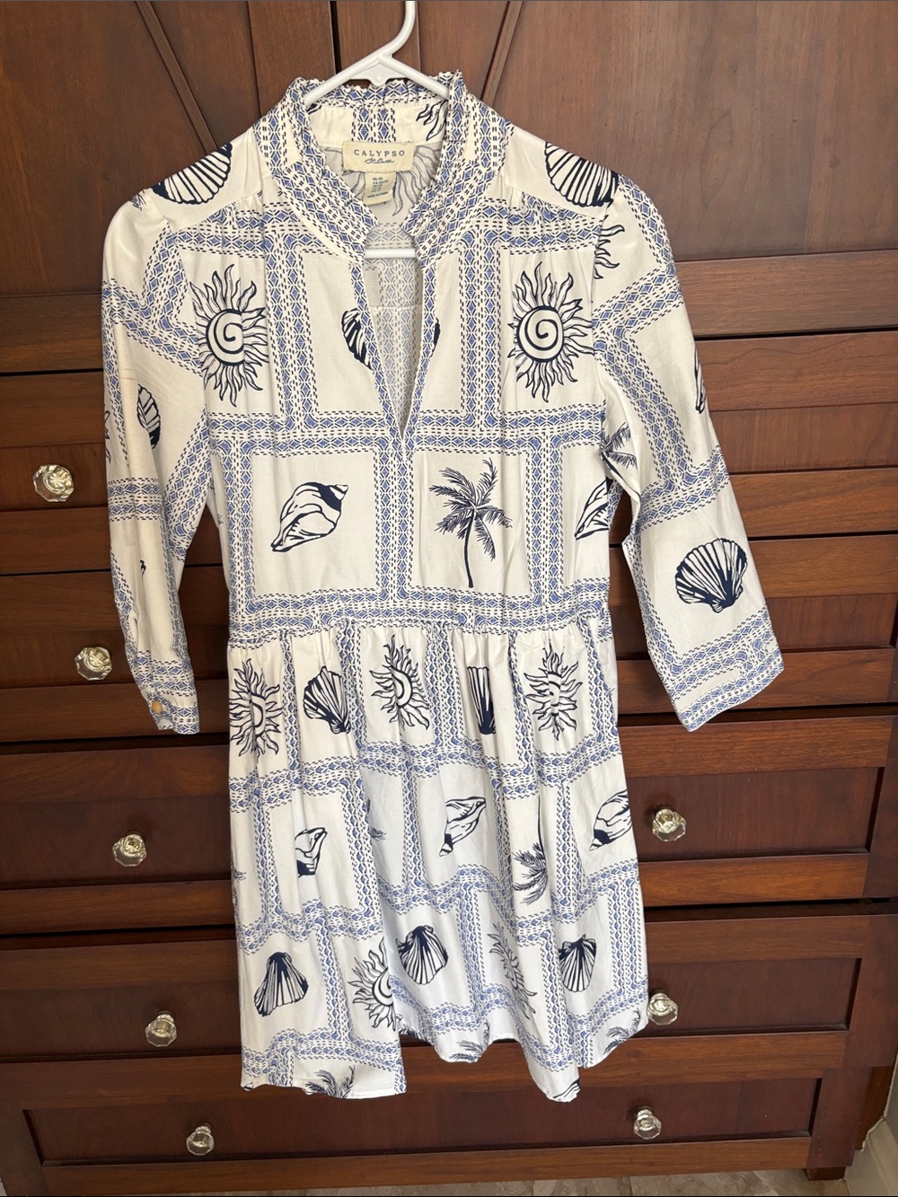 Calypso St. Barth White and Navy Printed Mini Dress
